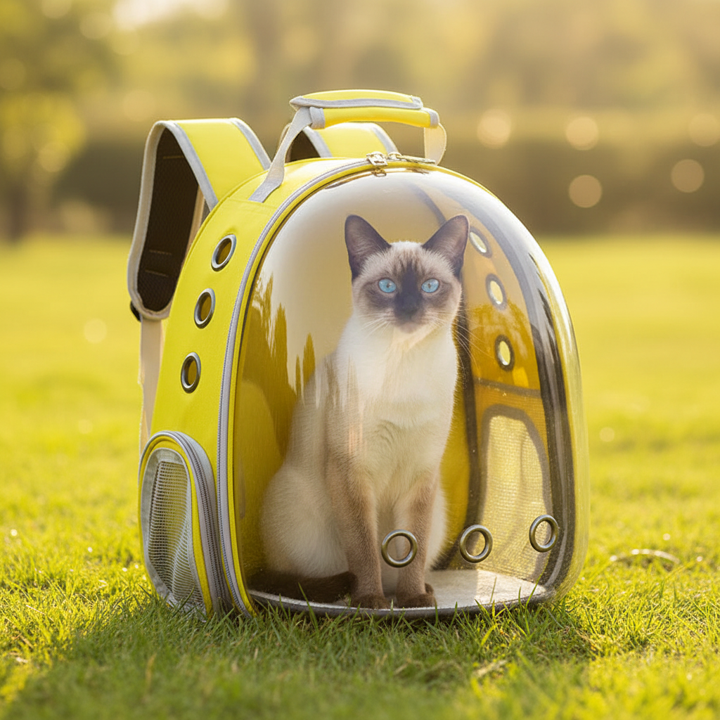 Gele tas frontaal slanke poes